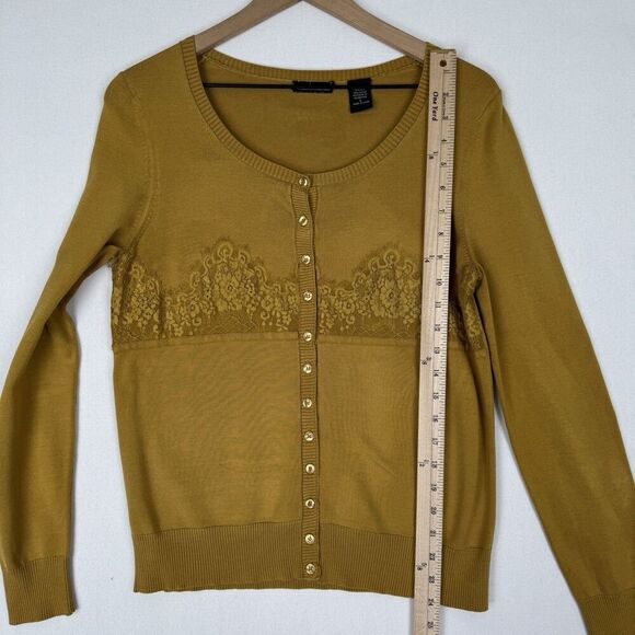 Vtg Y2K Moda International Sweater Womens Large Mustard Yellow Cardigan Lace 90s - Picture 14 of 14